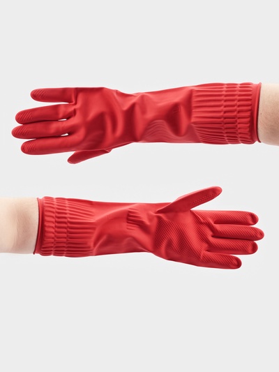 Перчатки хозяйственные Доляна, размер L, 38 см, длинные манжеты, латексные, цвет красный