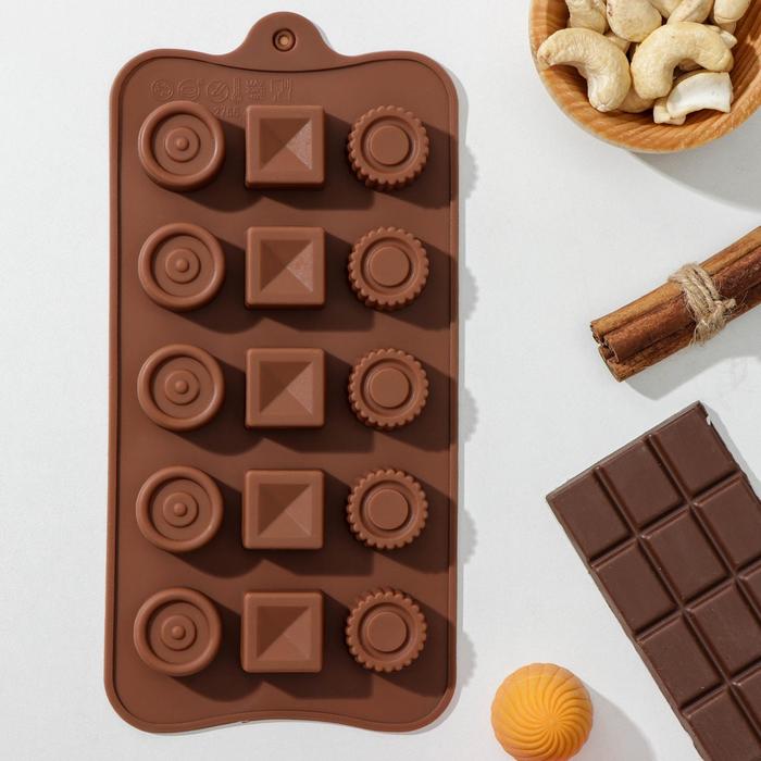 Форма для шоколада Доляна «Кружочки, квадратики», силикон, 21,5×10,4×1,5 см, 15 ячеек, цвет МИКС - Фото 1