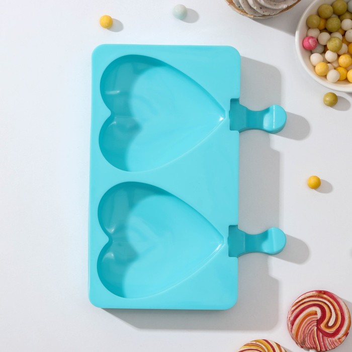 Форма для мороженого «Сердечко», силикон, 19,5×14×2,5 см, 2 ячейки (8,4×9 см), цвет МИКС
