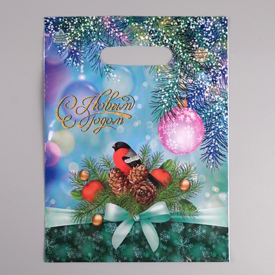 Пакет полиэтиленовый с вырубной ручкой "Новогодний снегирь", 30 х 23 см, 30 мкм