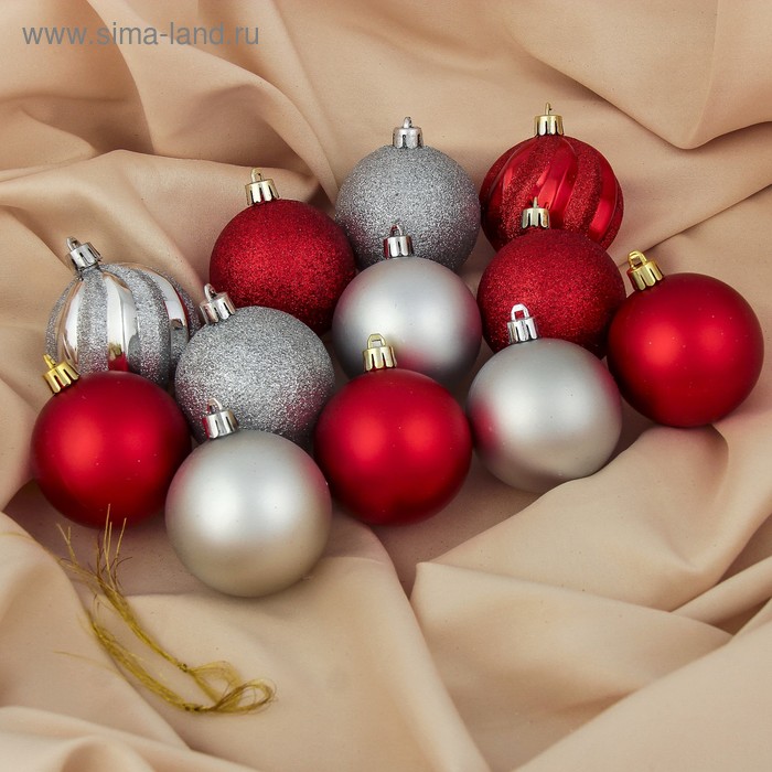 Ёлочные игрушки «Улыбка», шары новогодние, набор 12 шт., d=6 см, серебристый/красный - Фото 1
