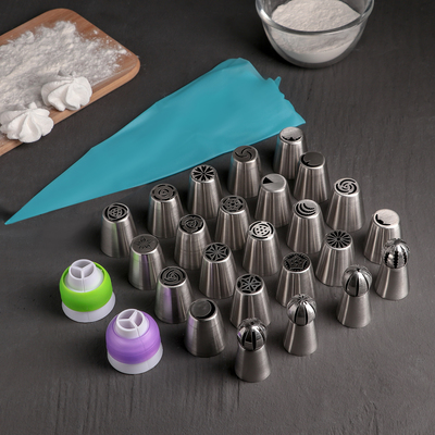 Набор кондитерский, 27 предметов в кейсе: 24 насадки d=3,7 см, 2 адаптера, мешок 30×15 см, насадки МИКС