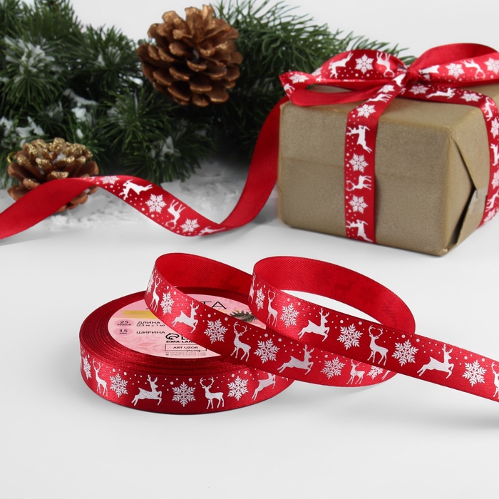 Лента атласная «Олени», 15 мм, 23±1 м, красная