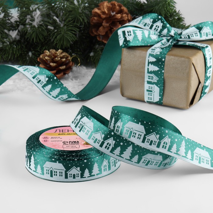Лента атласная «Домики», 25 мм, 23±1 м, зелёная
