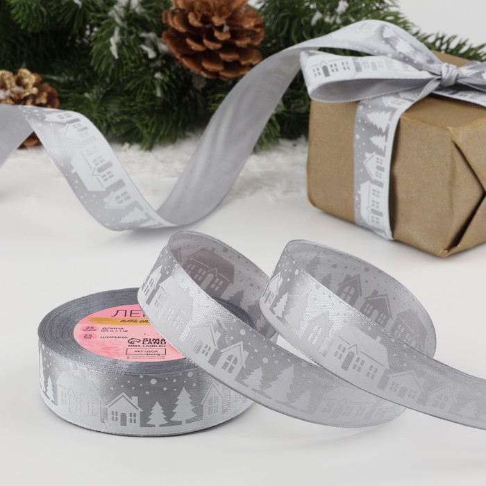 Лента атласная «Домики», 25 мм, 23±1 м, серая