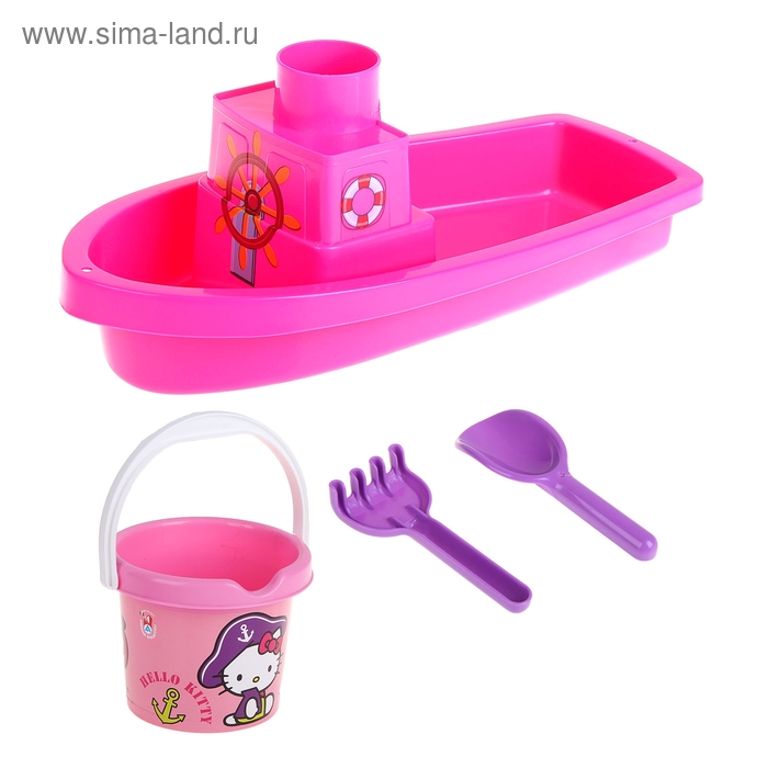 Набор песочный Hello Kitty: кораблик, ведерко, лопатка, грабельки - Фото 1