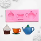 Силиконовый молд «Чайник, чашечка и капкейк», 12×4,5 см, цвет розовый - Фото 1