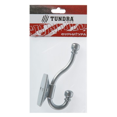 Крючок мебельный ТУНДРА TKD032, двухрожковый, серебристый металлик