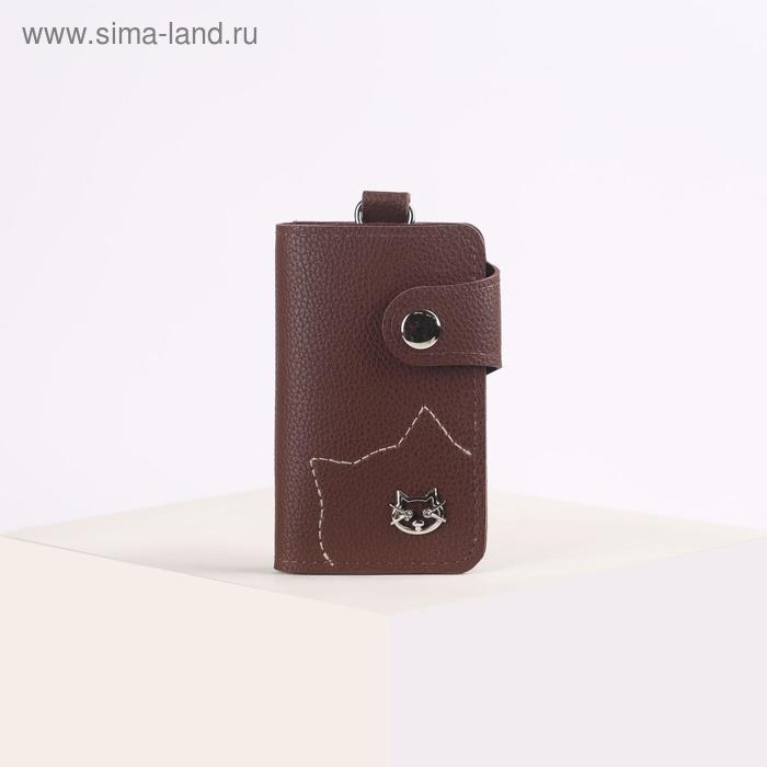 Ключница, 2 отдела, 7 карабинов, на кнопке, цвет кофе - Фото 1