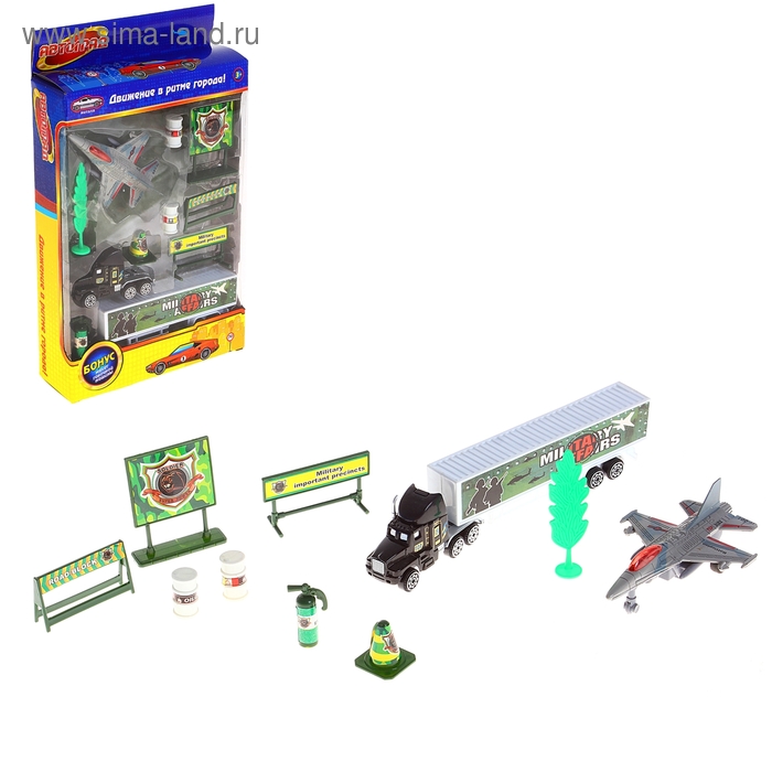 Набор металлических машинок "Военный аэродром": 2 машинки, аксессуары, БОНУС - макет гоночной машины - Фото 1