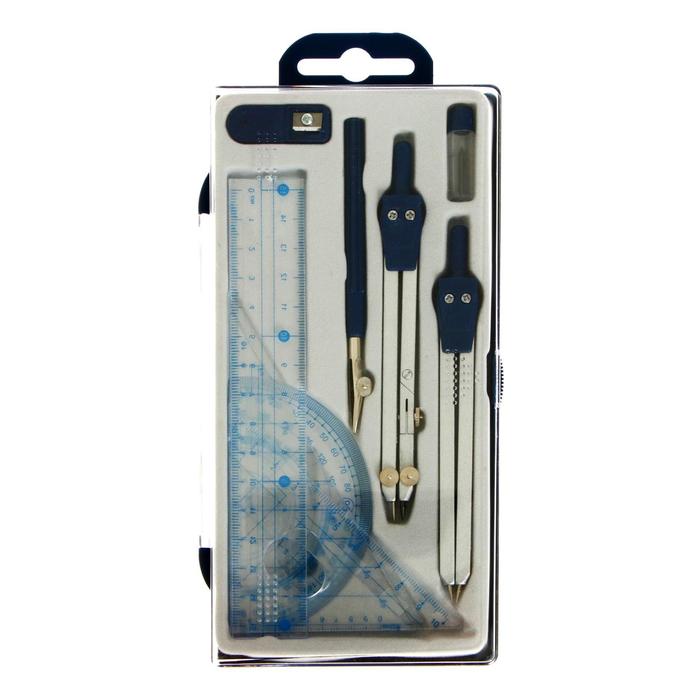 Готовальня Calligrata, 9 предметов: 2 циркуля 130 мм, грифель, точилка, рейсфедер, линейка, транспортир, 2 угольника, в пластиковом пенале