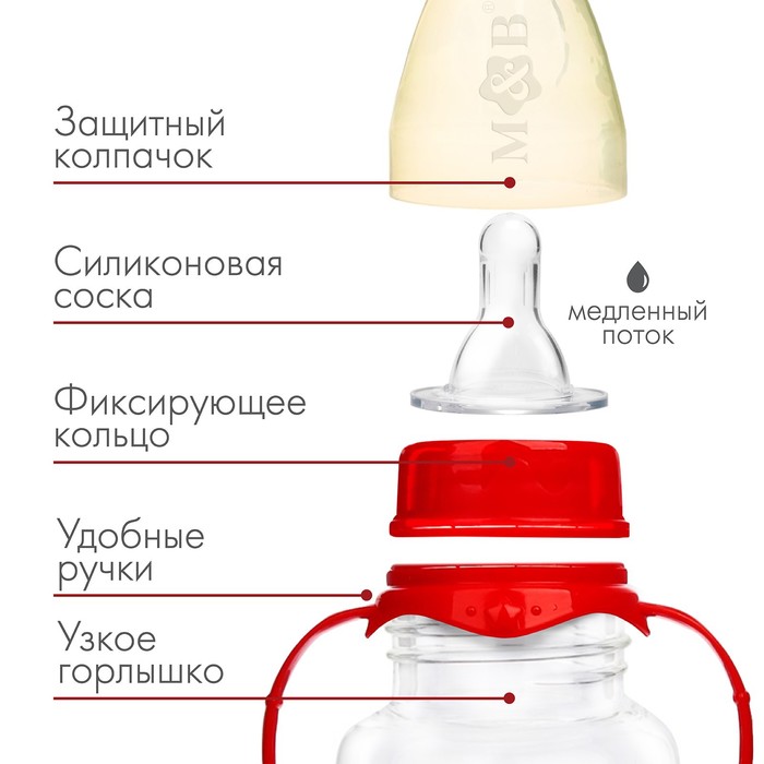 Бутылочка для кормления «Енотик Тобби», классическое горло, приталенная форма, с ручками, 250 мл., от 0 мес., цвет красный - фото 1899625586