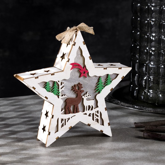 Светодиодная фигура «Звезда с оленями» 19 × 19 × 4 см, дерево, батарейки АААх2 (не в комплекте), свечение тёплое белое - фото 1906948025