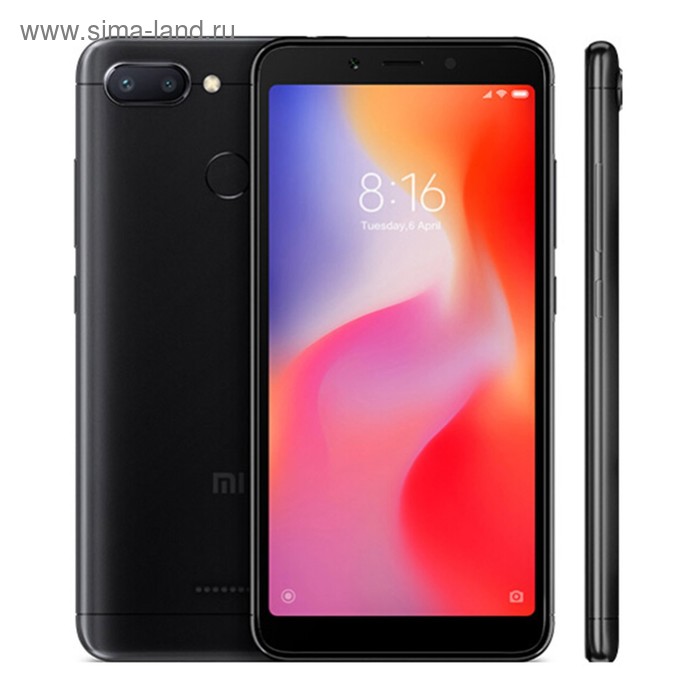 Смартфон XIAOMI Redmi 6 64Gb Black 5,45", 1440*720, 64Gb,4GbRAM, 12+5Mp черный - Фото 1