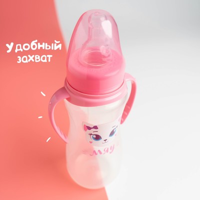 Бутылочка для кормления M&B «Кошечка Софи», классическое горло, приталенная, с ручками, 250 мл., от 3 мес., розовый