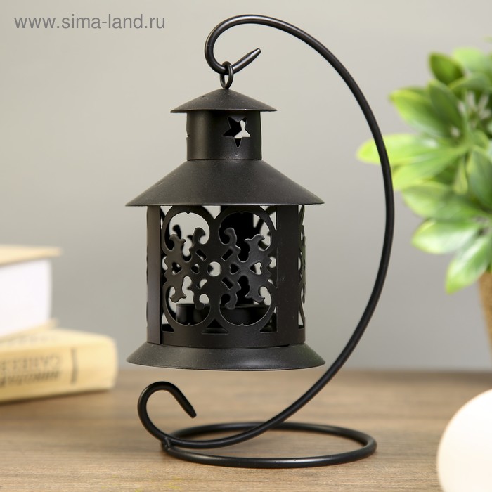 Подсвечник металл 1 свеча "Ажурный фонарик" чёрный 23х14х9,5 см - Фото 1
