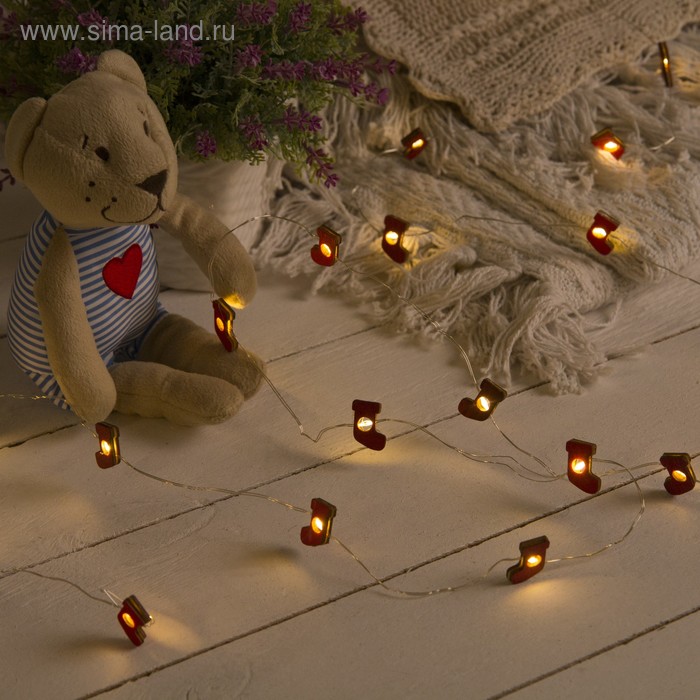 Гирлянда "Нить", роса с насадками "Носок красный", 2 м, LED-20-3V, 2*АА, фиксинг, серебристая нить, свечение тёплое белое - Фото 1