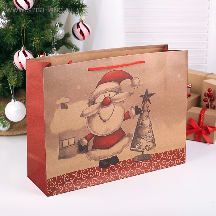 Пакет крафт «Санта с ёлкой», 30 х10 х 25 см - Фото 1