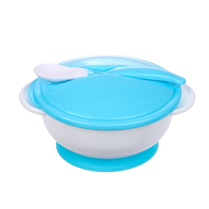 Набор детской посуды, 3 предмета: тарелка на присоске, крышка, ложка, цвет голубой - фото 1906949489