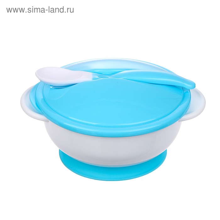 Набор детской посуды, 3 предмета: тарелка на присоске, крышка, ложка, цвет голубой