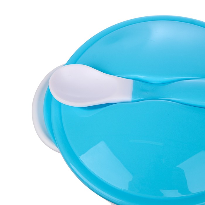 Набор детской посуды, 3 предмета: тарелка на присоске, крышка, ложка, цвет голубой - фото 1906949491
