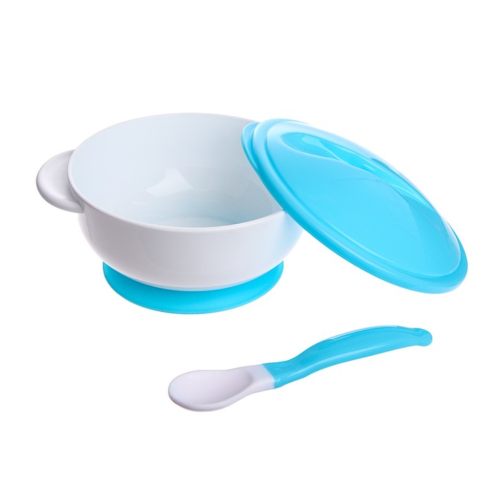 Набор детской посуды, 3 предмета: тарелка на присоске, крышка, ложка, цвет голубой - фото 1906949490