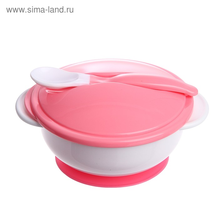 Набор детской посуды, 3 предмета: тарелка на присоске, крышка, ложка, цвет розовый - Фото 1