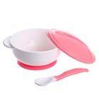 Набор детской посуды, 3 предмета: тарелка на присоске, крышка, ложка, цвет розовый - Фото 3