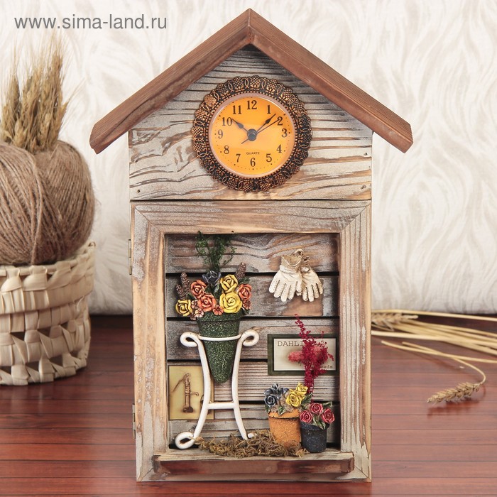ключница дерево клумба с часами 32*20,5*5 см - Фото 1