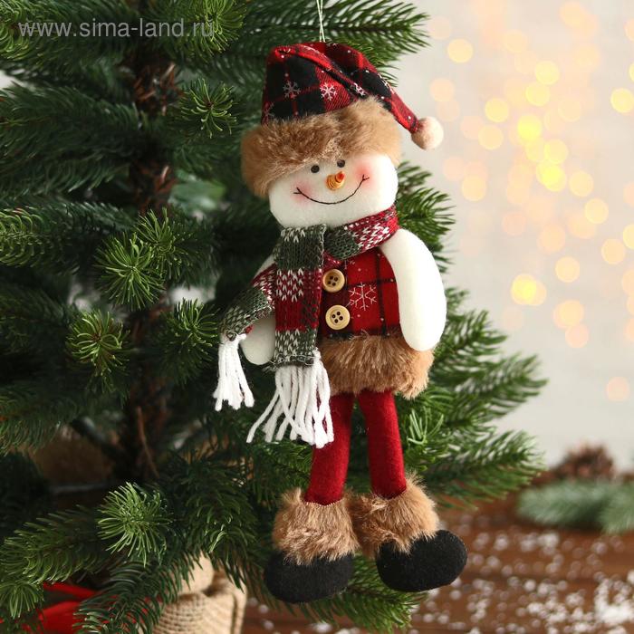 Мягкая игрушка "Снеговик в клетку" 8х29 см, красно-коричневый - Фото 1