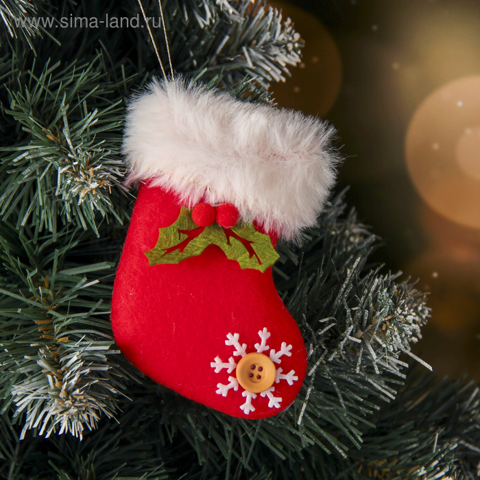 Мягкая подвеска "Рождественский носок с пуговкой" 6,5х10 см, бело-красный - Фото 1