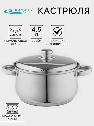 Кастрюля Катунь «Гретта», 4.5 л, d=22 см, капсульное дно, индукция, нержавеющая сталь