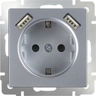 Розетка с заземлением, шторками и USBх2  WL06-SKGS-USBx2-IP20, цвет серебряный - фото 4076231