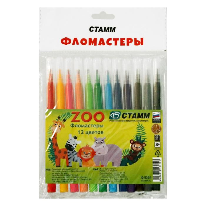 Фломастеры 12 цветов Стамм ZOO, толщина линии письма 1 мм, вентилируемый колпачок, смываемые, длина линии письма 400 м, европодвес - Фото 1