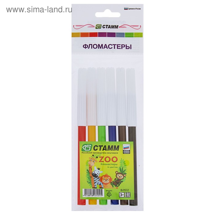 Фломастеры 6 цветов Стамм ZOO, 1 мм, вентилируемый колпачок, длинна линии письма 200 м, европодвес - Фото 1