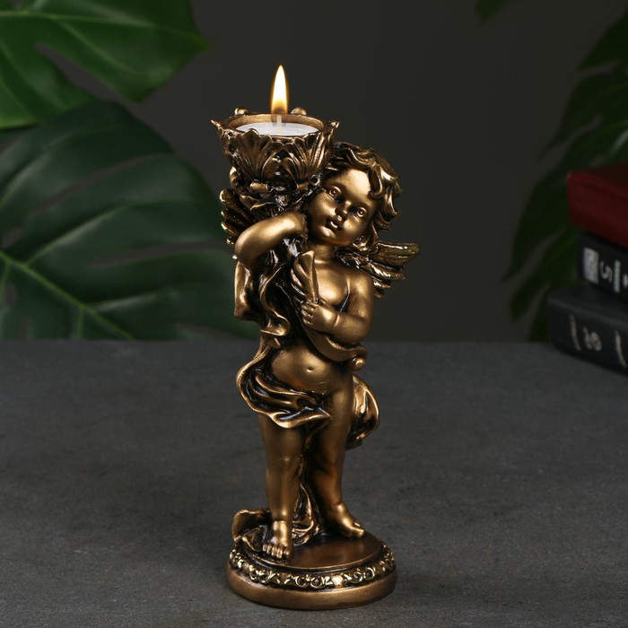 Подсвечник "Ангелочек" в правой руке, золото, 14х8х22 см, для свечи d=4 см