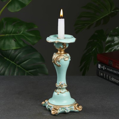 Подсвечник на 1 свечу «Резной с квадратным основанием», полистоун, бирюзовый, d=2 см, 12×12×27 см