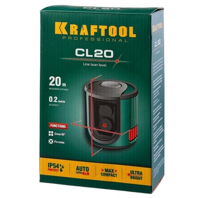 Нивелир лазерный KRAFTOOL CL 20 34700, линейный, сверхъяркий, 2 луча, 20 м, ±0.2 мм/м, IP54