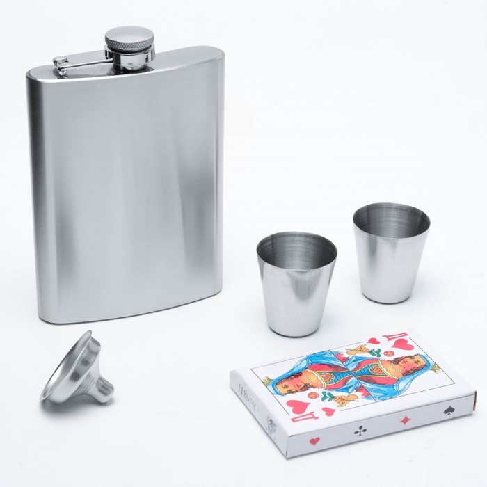 Подарочный набор 5 в 1, фляжка 240 мл, 2 рюмки, воронка, колода карт, металл - Фото 1