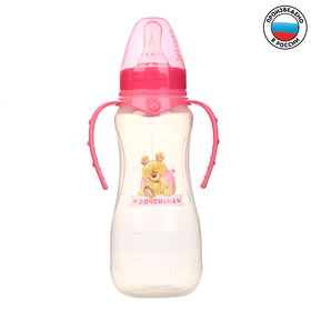 Бутылочка для кормления «Мишка Полли», классическое горло, приталенная, с ручками, 250 мл., от 0 мес., цвет розовый