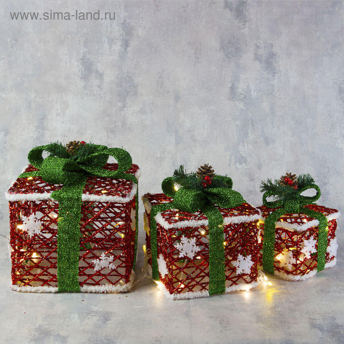 Фигура "Подарки" Кубы красные с зелёной лентой 15х20х25 см, 60 LED, 220V, Т/БЕЛЫЙ