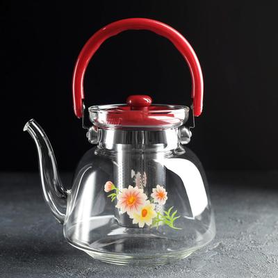 Чайник стеклянный заварочный с металлическим ситом «Цветочная фантазия», 1,6 л
