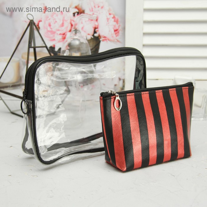 Набор косметичек 2 в 1, отдел на молнии, цвет чёрный/красный - Фото 1