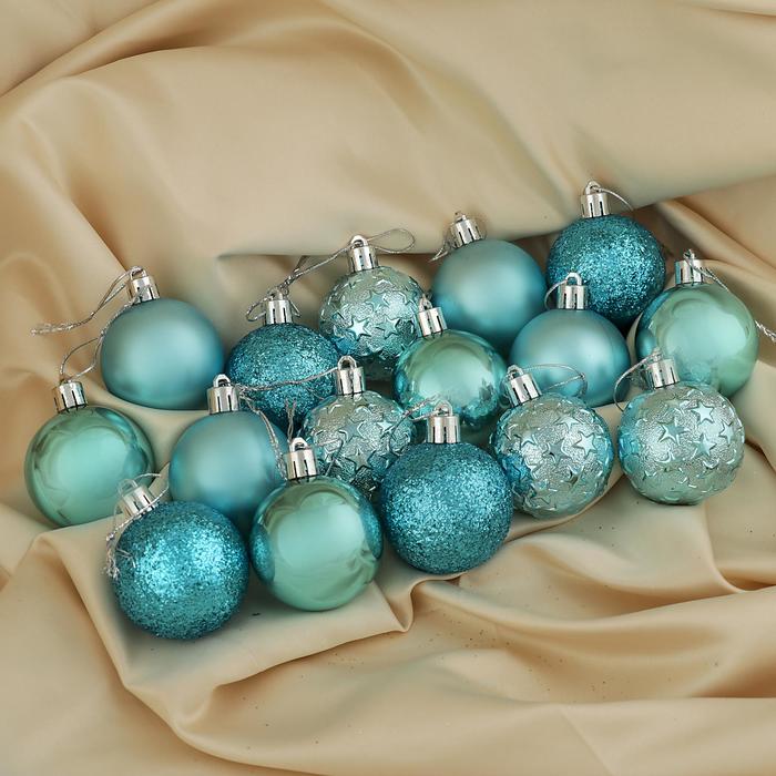 Ёлочные игрушки «Звёздная ночь», шары новогодние, d=5 см, набор 16 шт., бирюзовый - Фото 1