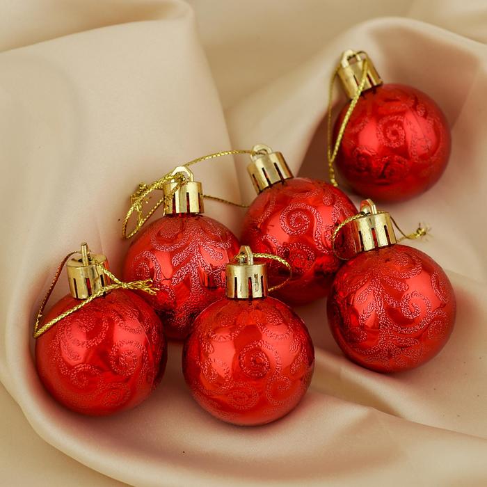 Ёлочные игрушки «Морозная зима», шары новогодние, d=4 см, набор 6 шт., красный - Фото 1
