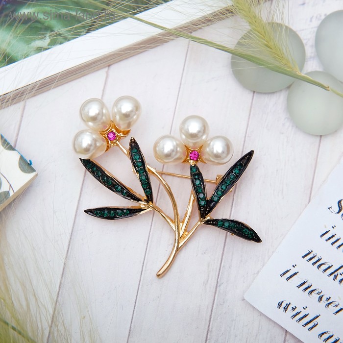 Брошь «Цветы» ландыши, бусины, цвет бело-зелёный в золоте - Фото 1