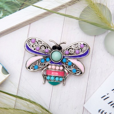 Брошь «Муха этническая», цветная в черненом серебре