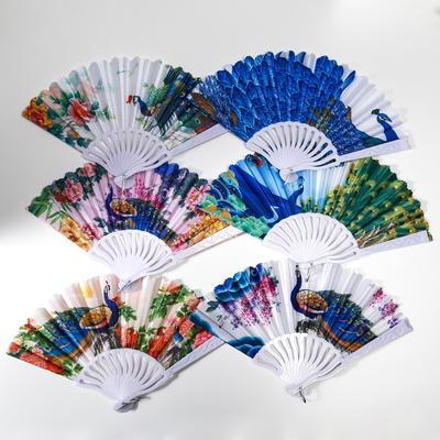 Веер складной «Павлин и цветы», изгиб, 23 см, МИКС