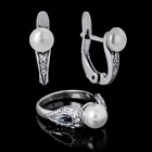 Гарнитур 2 предмета: серьги, кольцо "Жемчужина", размер 18, цвет белый в чернёном серебре - Фото 1
