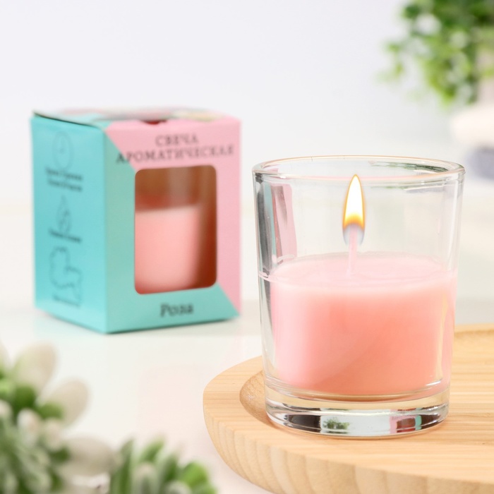 Свеча ароматическая в стакане 5×6 см, роза - Фото 1
